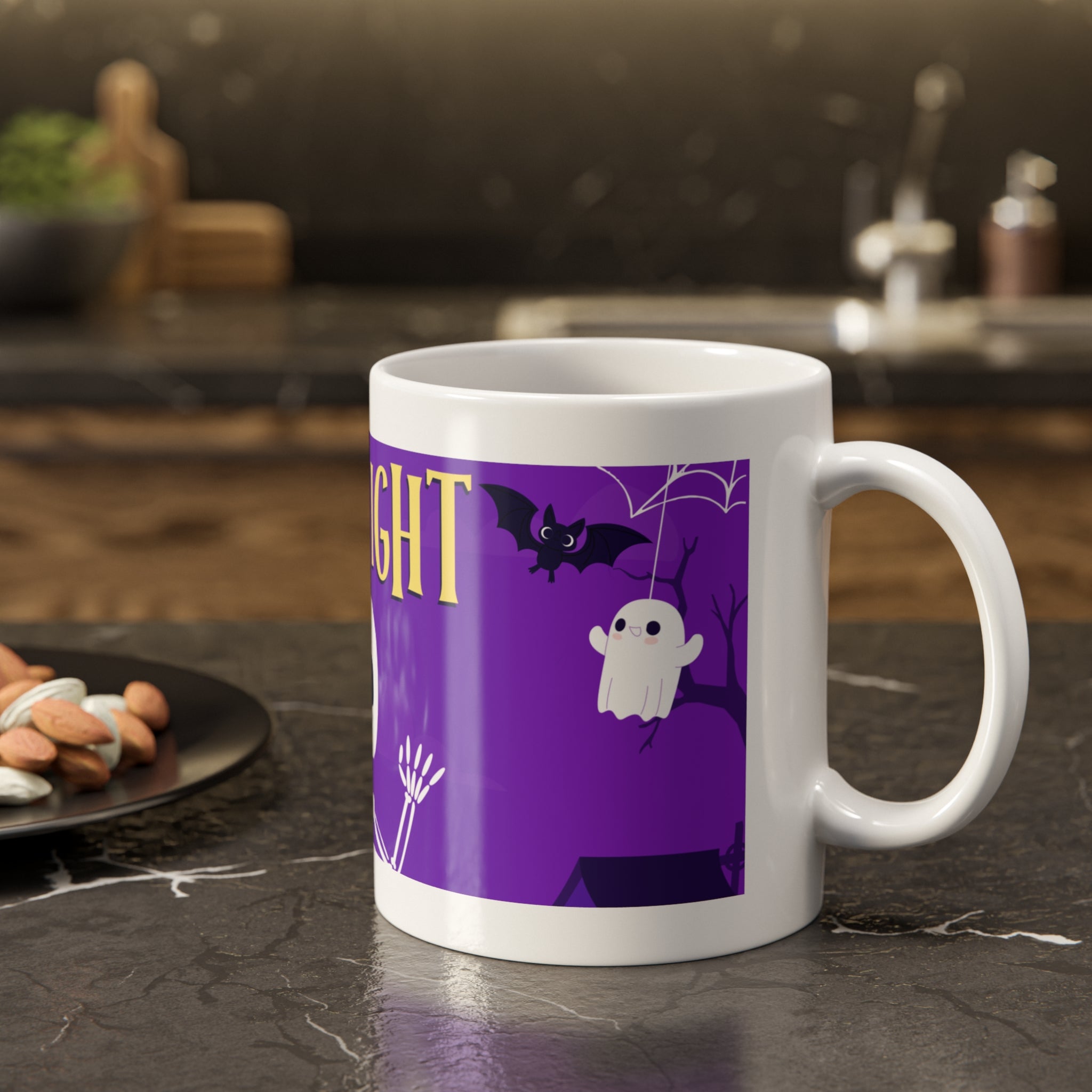 Spooky Night Skeleton | Haunted Graveyard with Ghosts and Bats | White Ceramic Mug
